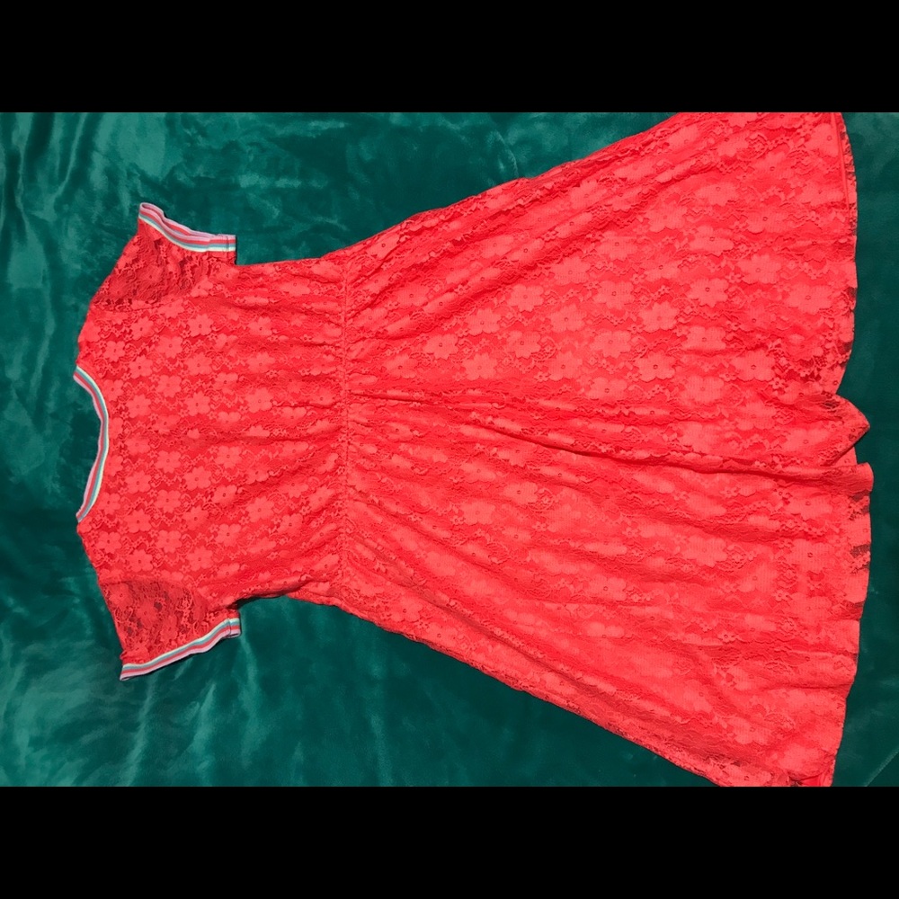 Coral laced dress with rainbow neck and sleeve